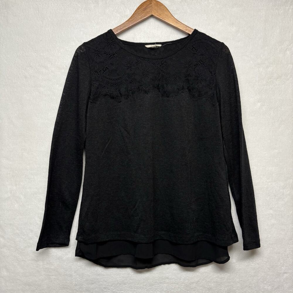 Anthropologie ADIVA Black Lace Detail Split Back Hi Lo Long Sleeve Blouse  M